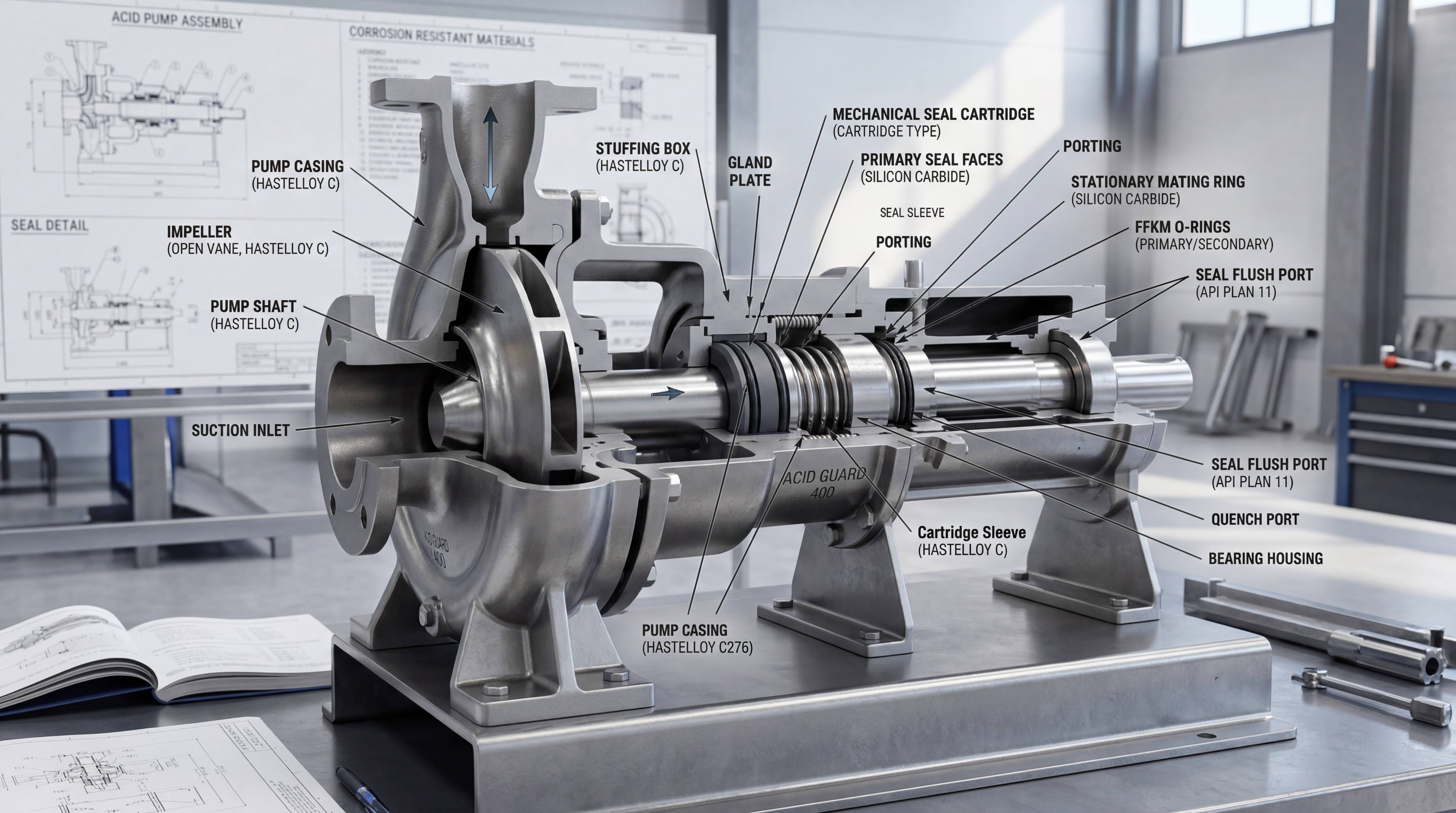 Acid pump mechanical seal material selection diagram showing Hastelloy pump parts silicon carbide seal faces FFKM O-rings flush ports and cartridge seal assembly